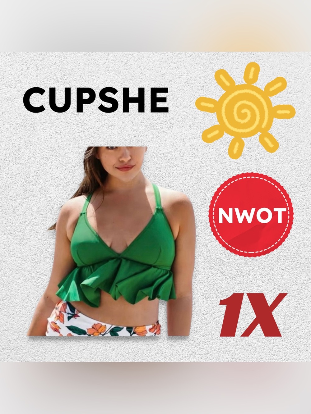 ⬇️🇨🇳🆕NWOT CUPSHE | 1 X | Green Zoe Ruffle Crisscross Plus Size Bikini Top*